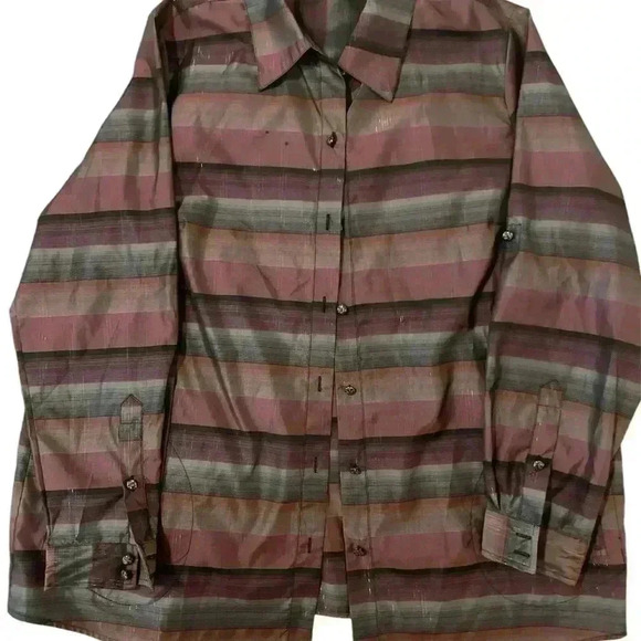 Joan Rivers Blouse Maroon Green Gold Shimmers Size L - Picture 2 of 9